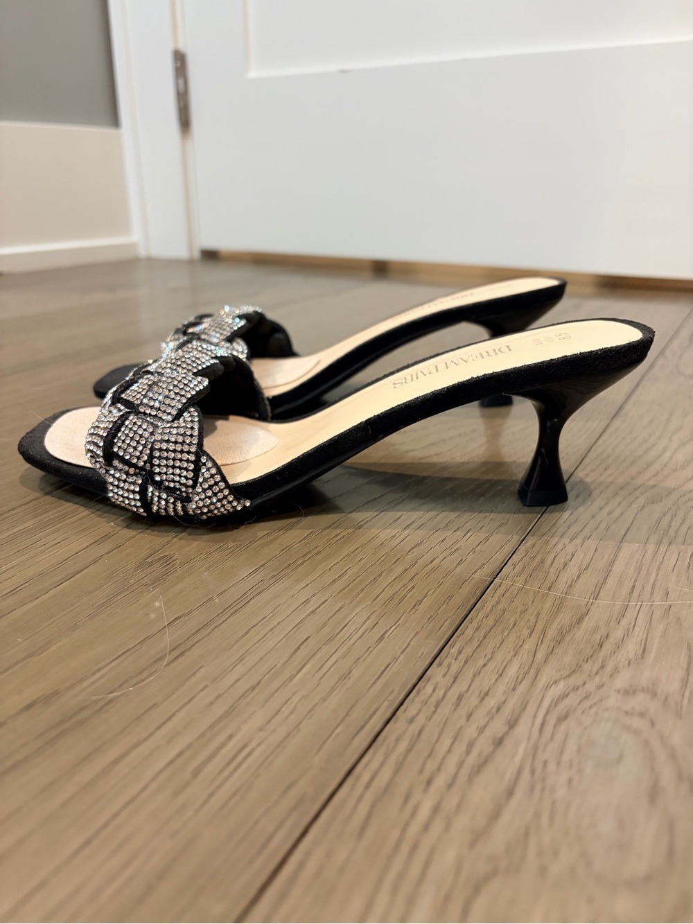 Black Rhinestone Chain Kitten Heel Slide Sandals 8.5